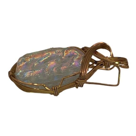 Gold Wire Wrapped Oval MOP Mother Of Pearl Dichroic Glass Pendant Necklace Charm - Picture 7 of 7